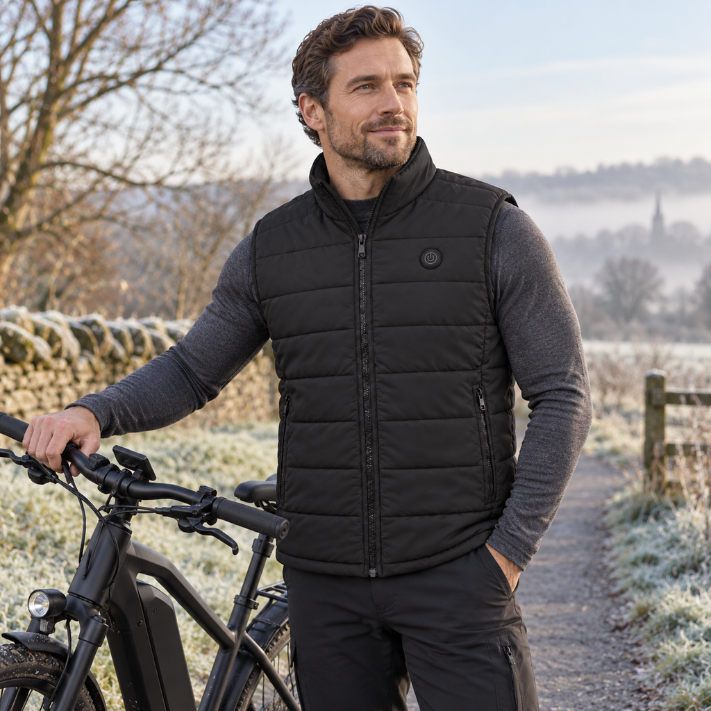 URLIFE Heated Vest, black, worn on a frosty countryside ride with a URLIFE e-bike
