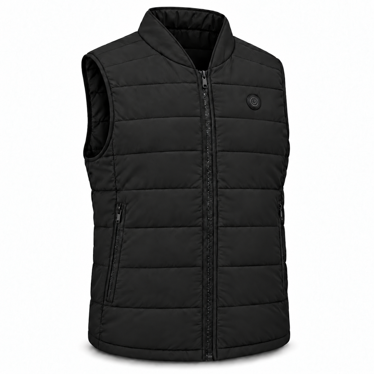URLIFE Heated Vest, black, studio front view with zip and power button