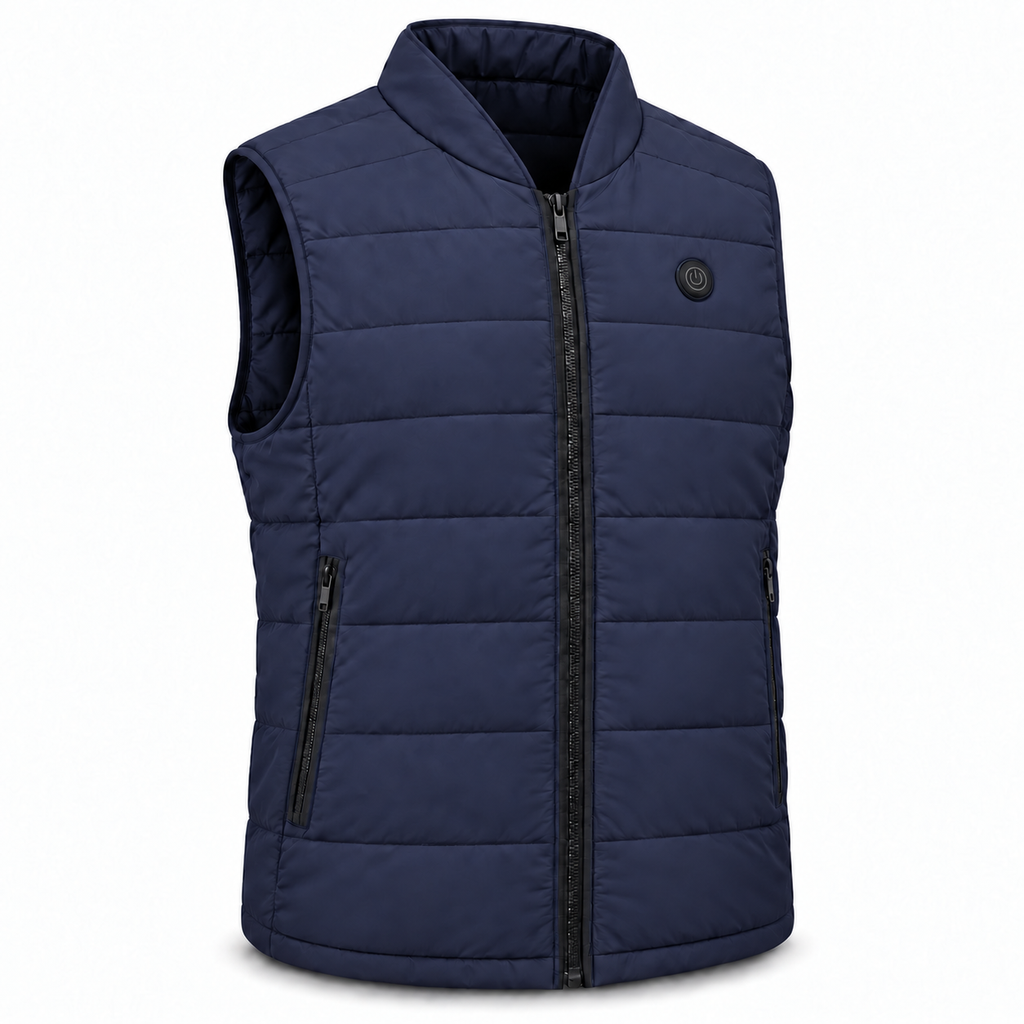 URLIFE Heated Vest, blue, studio front view with zip and power button
