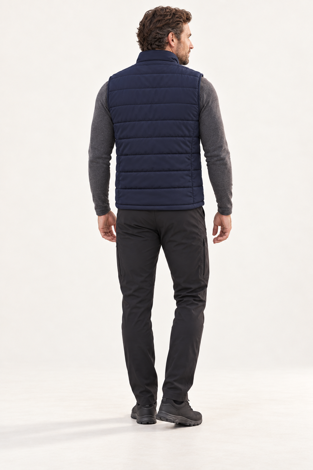 URLIFE Heated Vest, navy, full-body studio back view