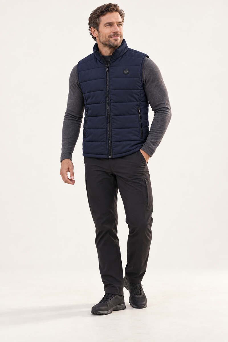 URLIFE Heated Vest, navy, full-body studio front view