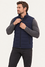 URLIFE Heated Vest, navy, full-body studio 3/4 angle, adjusting zip