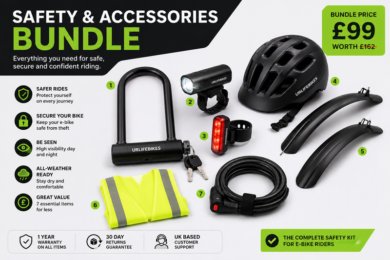 Safety & Accessories Bundle | E-Bike Helmet, Lock, Lights & Mudguards