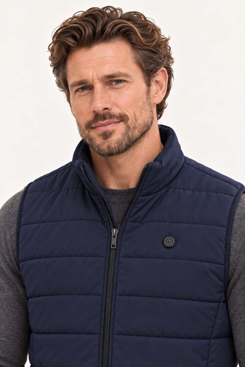 URLIFE Heated Vest, navy, close-up of collar, zip and power button