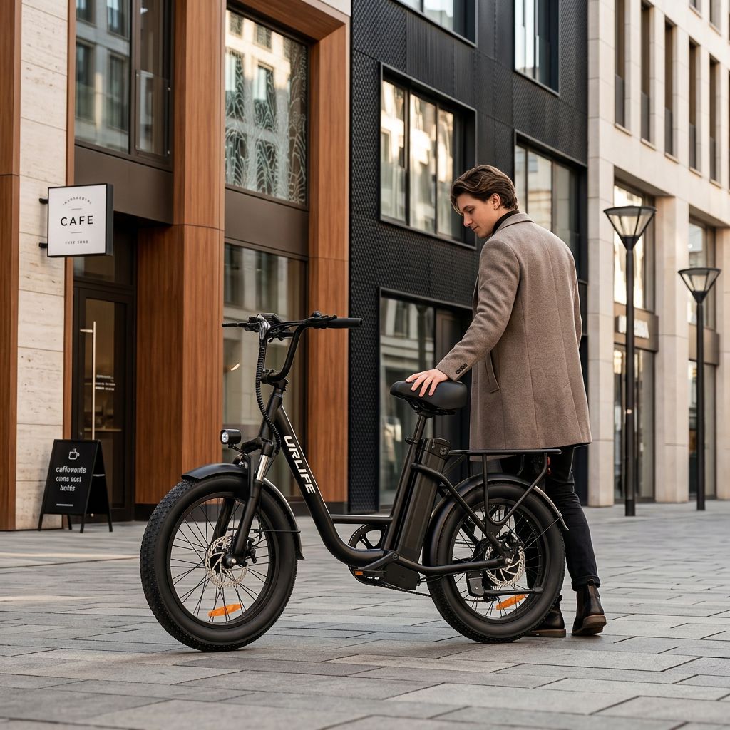 Rider with a URLIFE electric bike outside a cafe